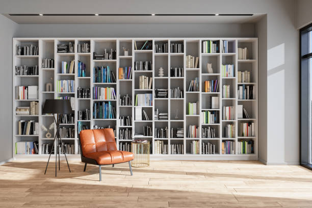 Reading Room Or Library Interior With Leather Armchair, Bookshelf And Floor Lamp